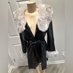 Faux Leather Faux Gray Fur Snap Jacket